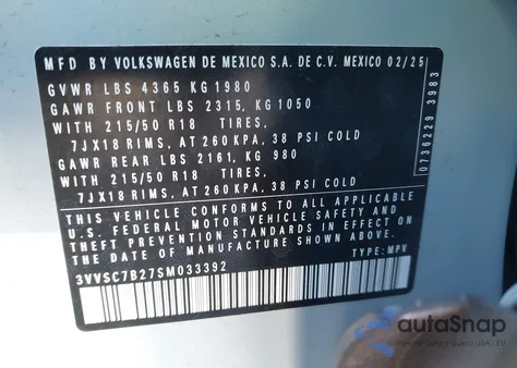 2025 Volkswagen Taos 1.5T Se из США, поврежденный, VIN 3VVSC7B27SM033392